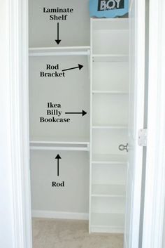 an empty closet with shelves labeled in black and white