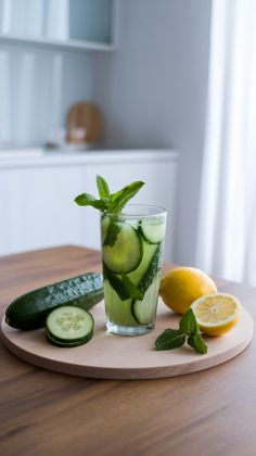 cucumber, lemon and mint in a glass on a cutting board