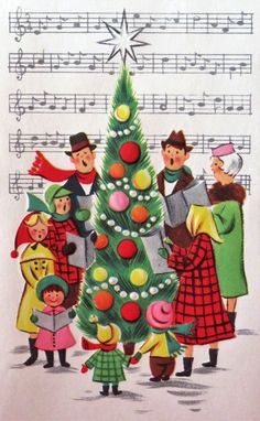 an old fashioned christmas card with children around a tree and sheet music on the wall