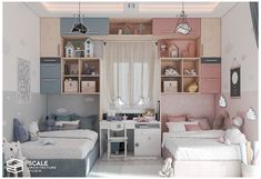 two beds in a room with pink and gray walls