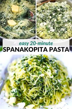 three pictures showing different types of pasta and spinach