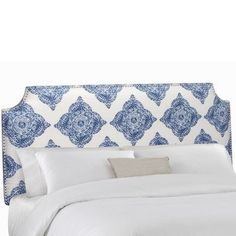 an upholstered headboard with blue and white patterns