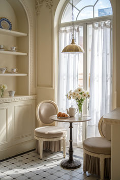 a dining room table with two chairs and a vase filled with flowers on top of it