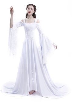 Neckline: Off-the-Shoulder Silhouette: A-line Sleeve Length: Long Trumpet Sleeves Dresses Length: Floor Length with Tail Medieval Wedding Dress, Sheath Wedding Gown, White Victorian, Medieval Wedding, Wedding Dresses Cinderella, Bohemian Wedding Dress, Fantasy Gowns, Medieval Dress, Online Wedding Dress