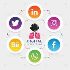 social media icons arranged in the shape of a circle with different colors and symbols around them