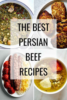 Grid of four Persian beef dishes with text overlay Lebanese Beef Recipes, Persian Ground Beef Recipes, Persian Stew Recipes, Persian Beef, Persian Dinner, Food Persian, Arabian Recipes, Parisian Food, Syrian Recipes