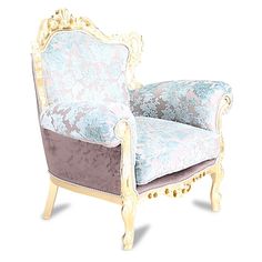 an ornate chair with blue and purple upholstered fabric on the armrests