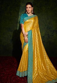 Kajal aggarwal mustard silk festival wear saree 5213  Desc:  Style : Bollywood Sarees Color : Mustard Fabric : Silk Wash Care : Dry clean Sleeve Style : Half Sleeve Long Sleeves : Done only in Custom Stitch Sleeves Lining : Done only in Custom Stitch Bust Size : 32 to 42 Inches Occasion : Festival   Diwali   Eid   Kitty Party   Sangeet   Party Wear   Reception   Ceremonial. With Express Free Shipping and Custom Stitching, Buy Eid Special Saree Party wedding wear dresses Kajal aggarwal mustard si Blue Silk Saree, Golden Embroidery, Saree Style, Designer Silk Sarees, Kajal Agarwal, Yellow Silk, Blue Saree, Art Silk Sarees, Contrast Blouse