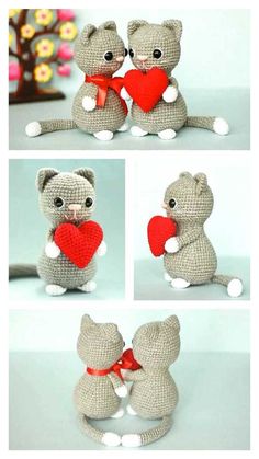 three pictures of stuffed animals with hearts in their hands, one is grey and the other is red