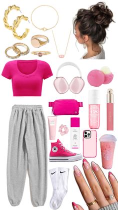 the contents of a woman's outfit including pink shoes, bracelets and accessories