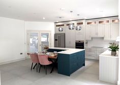 contemporary kitchen, modern kitchen, green kitchen, grey kitchen, kitchen design. Green And Grey Kitchen, Kitchen Banquette Seating, Inframe Kitchen, Solid Oak Doors, Navy Kitchen, Kitchen Banquette, Green Island