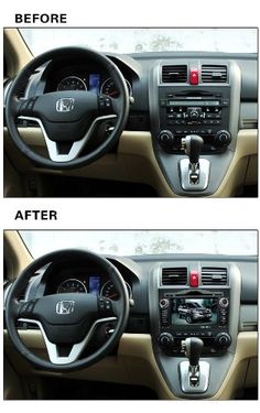 the inside and outside view of a car with dashboard controls, steering wheel cover and dash board