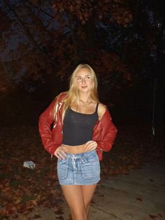 Red leather jacket jean mini skirt fall outfits Denim Skirt With Leather Jacket, Billy Joel Concert Outfit Ideas, Girl In Red Concert Outfit, Red Going Out Outfits, Red Leather Skirt Outfit, Skirt And Jumper Outfit, Red Mini Skirt Outfit, Mini Skirt Fall Outfit