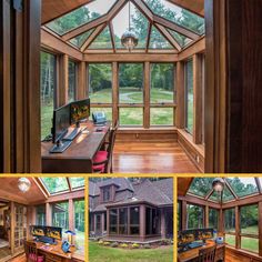 the inside of a house with lots of windows and wood flooring, including desks