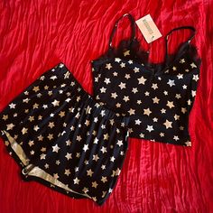 Super Cute And Comfy Cami With Fringe Trim And Shorts. Black With White Star Print. 96% Viscose And 4% Elastane. Size 2 Emo Pjs, Fem Clothing, Black And White Stars, Cute Sleepwear, Body Suits, Womens Apparel, Body Suit Outfits, Spells Witchcraft, White Star