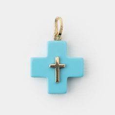 Handmade Cross with 14k Yellow Gold details  Reconstituted Turquoise Cross charm 16x16mm 14k Yellow Gold small Cross charm 8mmx5mm approximately Made in Greece Gemstone Cross Jewelry, Luxury Blue Cross-shaped Jewelry, Turquoise Cross Pendant, Turquoise Cross, Gold Cross Pendant, Blue Cross, Small Crosses, Charm Rings, Fine Jewelry Collection