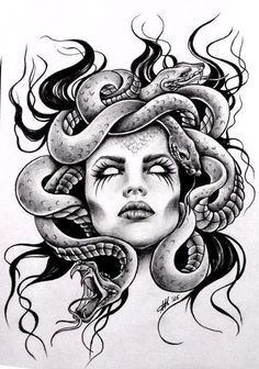 a drawing of a woman with a snake on her head