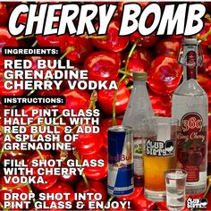 an advertisement for cherry bomb vodka, with the names and ingredients in front of it