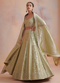 Mannat Sage Green Embroidered Lehenga Set Suhino - Fabilicious Fashion Luxury Satin Lehenga With Resham Embroidery, Luxury Kundan Lehenga For Eid, Modest Blouse Designs For Lehenga, Sage Lengha, Sage Green Bridal Lehenga, Sage Green Indian Wedding, Lehenga Modest, Sage Lehenga, Sage Green Lengha