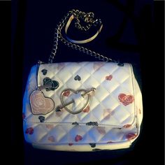 White With Lots Of Pretty Hearts On It And A Heart Tassel Lots Of Room For All The Essentials 18” Drop On The Chain Strap This Is Nwot White Heart-shaped Shoulder Bag For Valentine's Day, Trendy White Heart-shaped Shoulder Bag, Heart Tassel, Snake Print Bag, Pretty Hearts, Aldo Purses, Glitter Purse, Aldo Handbags, Flower Purses