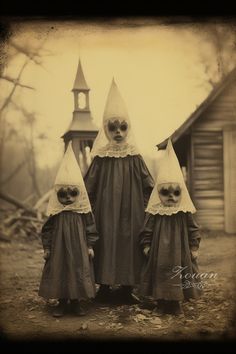 three creepy dolls standing in front of a church