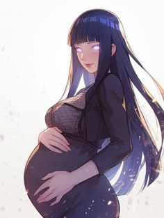 a pregnant woman with long black hair and blue eyes