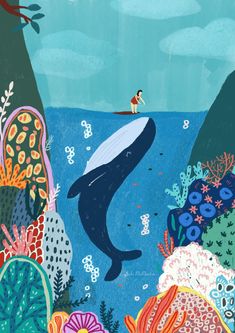 an illustration of a whale swimming in the ocean surrounded by corals and other marine life