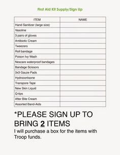 a sign up sheet with instructions on how to use the items for each item in this package