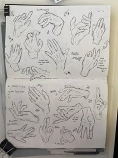 two sheets of paper with drawings of hands and fingers on them, all drawn in different directions