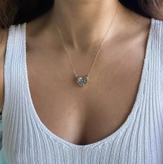 "Stunning Pyrite Cluster Necklaces ✨ Pendants are gold plated just around the edges of the stone so you can soak in the crystal vibes. Chains are gold fill 16\" -18\" adjustable in length. Pyrite energizes and overcomes fatigue. It will block any negativity and protect. Pyrite also brings good luck and money. 💎 This Crystal Pyrite was formed 350 million yrs. ago in Illinois, USA About the crystals: All crystals and gemstones are carefully chosen by myself from several vendors I have come to kno Gold Necklace With Raw Stone For Everyday, Everyday Gold Necklace With Raw Stone, Gold Dainty Crystal Necklace For Healing, Everyday Gemstone Heart Pendant Necklace, Gold Crystal Necklace For Everyday, Gold Round Crystal Necklace For Everyday, Everyday Gold Jewelry With Raw Stone, Everyday Round Gold Crystal Necklace, Gold Crystal Healing Necklaces 14k Gold Filled