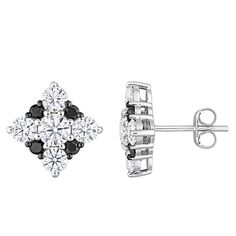 Contrasting black and white diamonds give these 10k white gold Stella Grace stud earrings eye-catching style. Contrasting black and white diamonds give these 10k white gold Stella Grace stud earrings eye-catching style. Metal: 10k white gold Backings: post Packaging: boxed Plating: rhodium Finish: polished Length: 4.3 mmSTONE DETAILS Stone type: lab-created moissanite Total weight: 2 ct. Shape: round Setting: prongDIAMOND DETAILS Total weight: 1/3 ct. Color: black Shape: round Setting: prong Gem Black Diamond Earrings Studs, Black Diamond Studs, Black Diamond Earrings, Halo Earrings Studs, Man Made Diamonds, Diamond Stud Earrings, Diamond Stud, 2 Carat, Diamond Earrings Studs