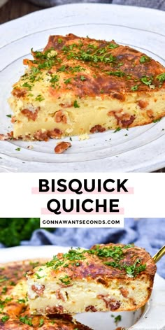 two pictures with different types of food on them and the words bisquick quiche