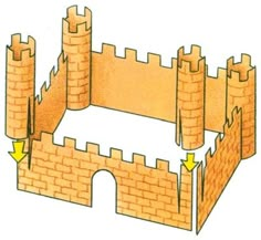 a drawing of a castle made out of bricks with yellow arrows pointing to the top