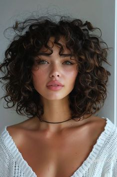 curtain-bangs-curly-hair-11 Short Curly Wolf Cut With Bangs, Short Curly Shag Hairstyles, Short Edgy Shag Haircut, Short Curly Layered Hair, Fairy Haircut, Curly Cuts, Haircut Inspo, Romantic Curls