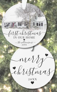 Celebrate your first Christmas in your new home with this custom ornament, featuring a cherished photo of your new space. The front reads "First Christmas In Our Home" in elegant script calligraphy, along with the year for a personal touch. The back features a simple design with "Merry Christmas" and the year. Black heart accents and a soft white ombre effect complete the look. This keepsake makes a thoughtful gift for new homeowners! New Home Photo, New Space