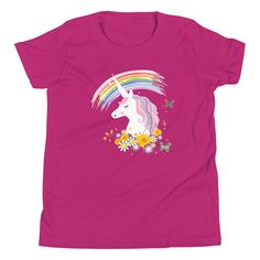 Youth Girls Shirt, Unicorn & Rainbows Tshirt, Girl who loves Unicorns T shirt, Cute Rainbow Tee, Back to School shirt for Girls Birthday Party Youth Bella canvas Tee, unisex shirt. This is the tee that you've been looking for, and it's bound to become a favorite in any youngster's wardrobe. It's light, soft, and comes with a unique design that stands out from the crowd wherever you go! * 100% combed and ring-spun cotton * Heather colors are 52% combed and ring-spun cotton, 48% polyester * Athlet Summer Unicorn Print Short Sleeve T-shirt, Summer Short Sleeve Unicorn Print T-shirt, Fun Summer T-shirt With Unicorn Print, Cute Multicolor Unicorn Print T-shirt, Fun Unicorn Print Short Sleeve T-shirt, Pink Unicorn Print T-shirt For Birthday, Birthday Unicorn Print Crew Neck T-shirt, Fun Short Sleeve T-shirt With Unicorn Print, Pink Cotton T-shirt With Unicorn Print