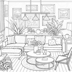 a drawing of a living room with couches, chairs and coffee table in it