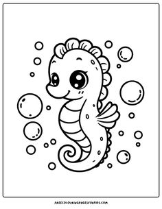 a cartoon seahorse with bubbles floating around it's head and tail, in black and