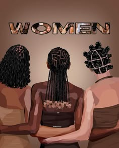 three women standing next to each other in front of the word women on a brown background