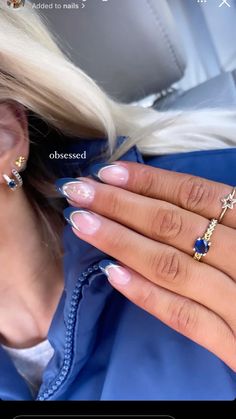 Short Almond Nails Simple Designs, Pattern Nails Simple, Different Design French Tip Nails, Blue Gel Nails Almond, Cute Summer Gel X Nails, Simple Blue French Tip Nails, French Tip Nails Bule, French Tip Nails With Blue Design, Almond French Tip With Design