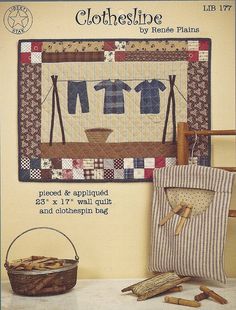 an advertisement for the clothesline by renie plains sewing pattern is shown in front of a basket and wall hanging