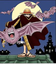 an image of a cartoon character with bats in the air above him and on top of a roof