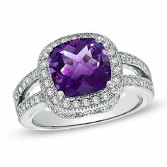 Cushion-Cut Amethyst and 1/2 CT. T.W. Diamond Frame Ring in 14K White Gold Amethyst Wedding Rings Zales, Luxury Amethyst Ring With Cushion Cut Center Stone, White Gold Amethyst Ring With Vvs Clarity, Cushion Cut Amethyst Rings For Gifts, Luxury Cushion Cut Amethyst Ring, Birthstone Engagement Rings, Amethyst Rings, Minimalist Diamond Rings, Frame Ring