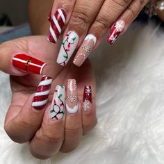 Red White And Green Nails Christmas, Red And Green Snowflake Nails, Red White And Green Christmas Nails, Christmas Theme Nail Art, Green And Red Nails Christmas, Red White And Green Nails, Red Christmas Nails Coffin, Red And Green Nails Christmas, Red And Green Christmas Nail Designs