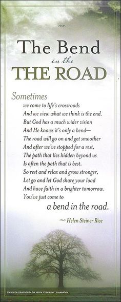 the bend in the road poem with an image of a tree and clouds behind it