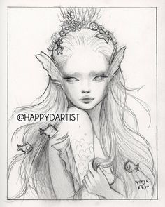 a pencil drawing of a girl with long hair and flowers in her hair, wearing a tiara