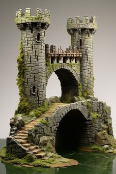 a miniature castle with a bridge over the water