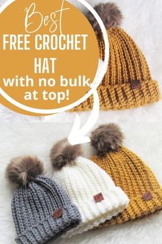 two knitted hats with pom poms and the words best free crochet hat