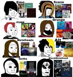 Different Goth Styles Chart, Punk Vs Goth Vs Emo, Dark Emo Aesthetic, Goth Memes, Punk Wallpaper, Goth Music, Music Nerd, Emo Memes