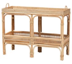 a wicker table with two benches on top and one bench under the shelf is made out of rattan